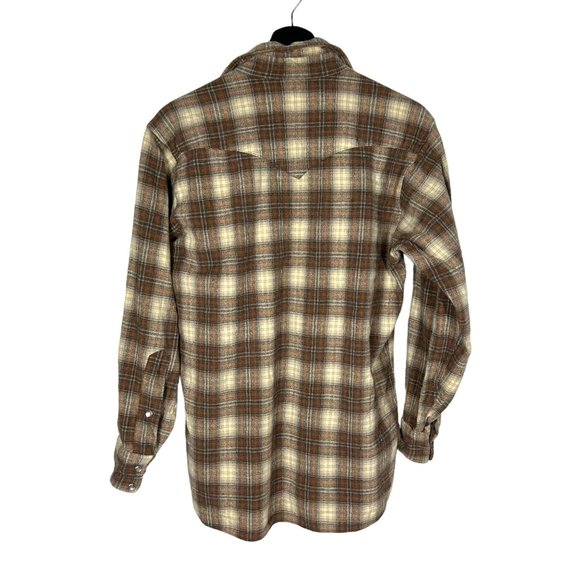 Vintage 70s Pendleton Brown Plaid Western Yoke Long Sleeve Pearl Button Up Large - Picture 2 of 7
